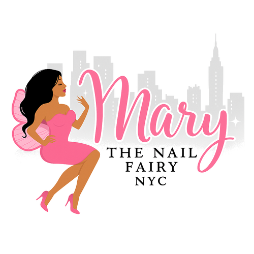 Logo of 'The Nail Fairy NYC' with a stylized woman in a pink dress against a city skyline.