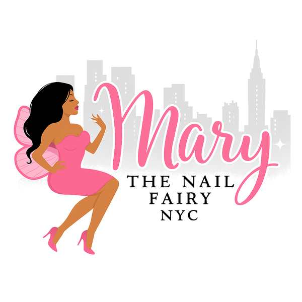 Logo of 'The Nail Fairy NYC' with a stylized woman in a pink dress against a city skyline.